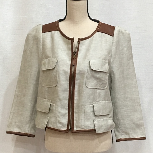 Tibi Jackets & Blazers - TIBI cropped linen/leather zip jacket peplum 10